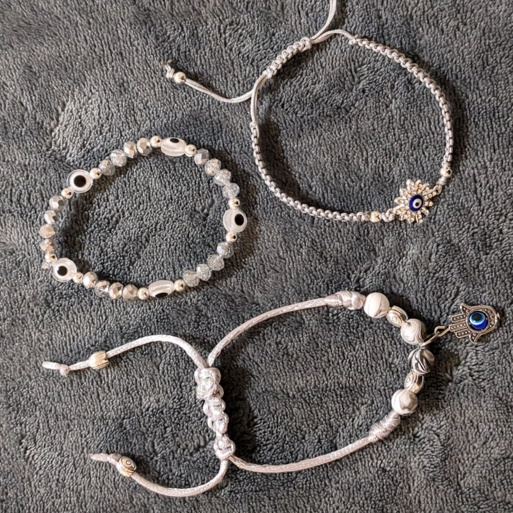 Evil Eye 3 bracelet lot silver grey